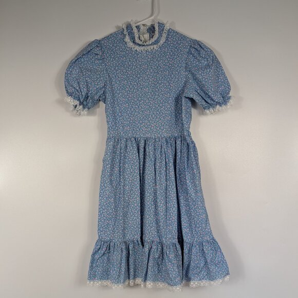 VTG 1980s Bryan Blue White Floral Lace Girls Cottage Core Prairie Dress Size 10